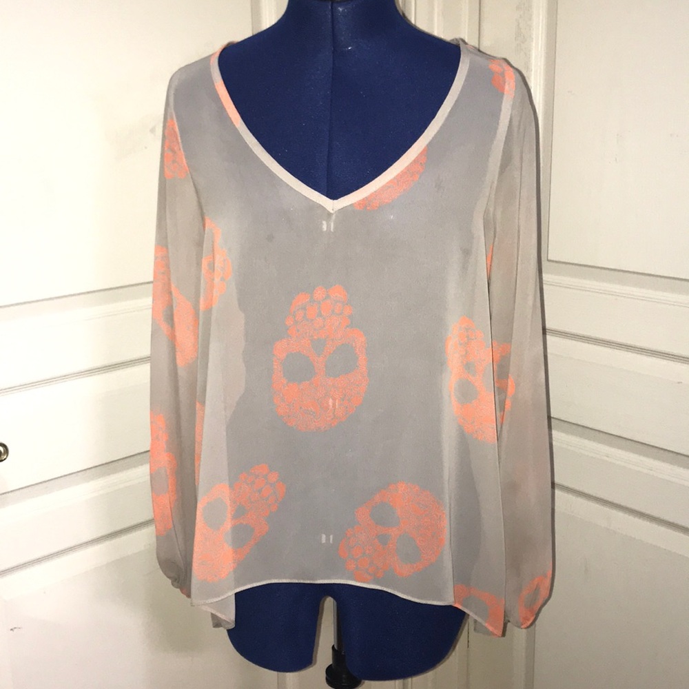 Windsor Tan Sheer Blouse w/Orange Sugar Skulls